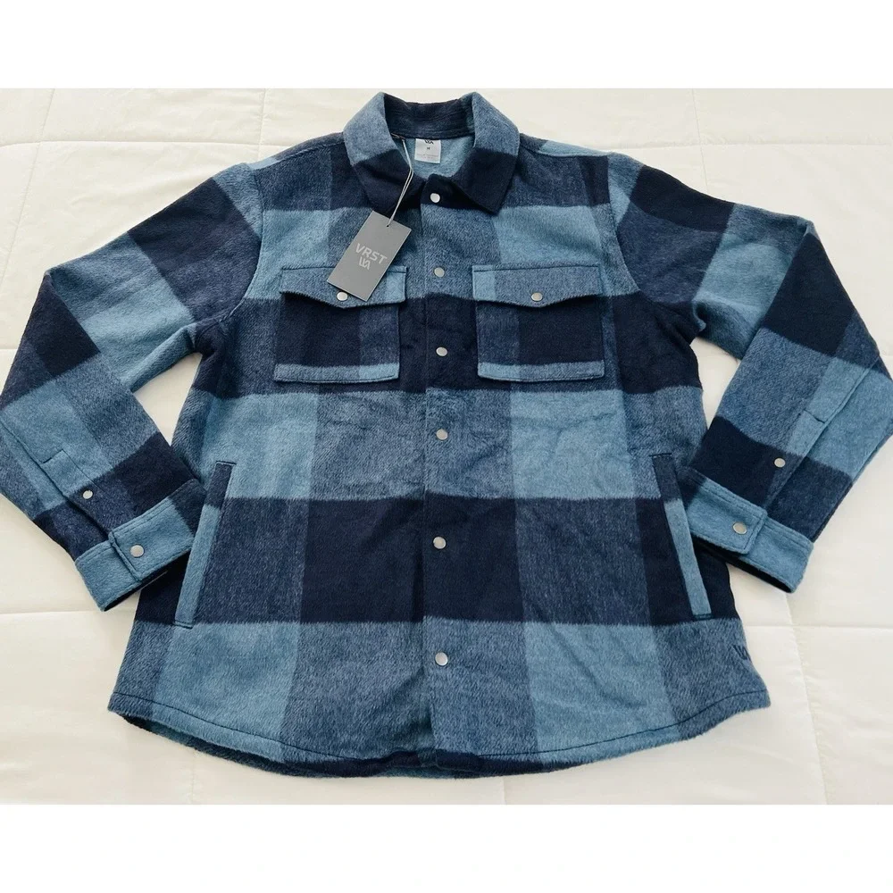 VRST Men's Wool Blend Plaid Shirt Jacket Blue Long Sleeve Button Up Pockets Sz M